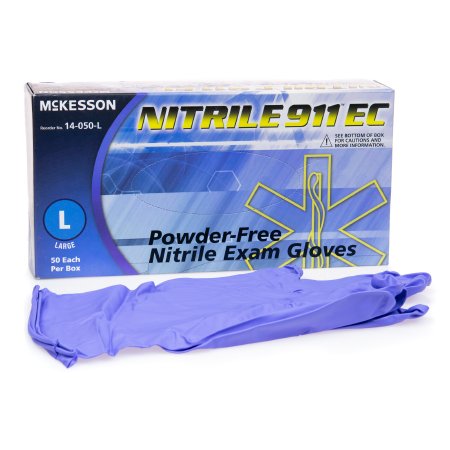 Picture of Exam Glove McKesson Nitrile 911™ EC Large NonSterile Nitrile Extended Cuff Length Textured Fingertips Blue Chemo Tested14-050-L