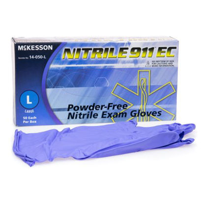 Picture of Exam Glove McKesson Nitrile 911™ EC Large NonSterile Nitrile Extended Cuff Length Textured Fingertips Blue Chemo Tested14-050-L