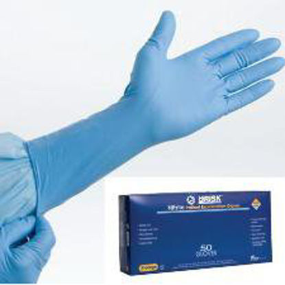 Picture of Exam Glove TidiShield® HiRisk™ Small NonSterile Nitrile Extended Cuff Length Fully Textured Blue Chemo Tested940001-1