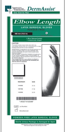Picture of Surgical Glove DermAssist® Elbow Length Size 8.5 Sterile Pair Latex Extended Cuff Length Fully Textured White Not Chemo Approved141850