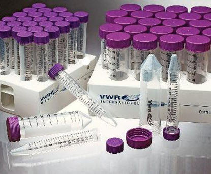 Picture of VWR® SuperClear™ Ultra-High Performance Centrifuge Tube Conical Bottom Plain 17 X 118 mm 15 mL Purple Cap Closure Polypropylene Tube21008-216