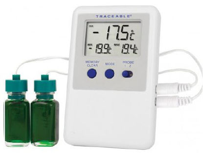 Picture of Digital Refrigerator / Freezer Thermometer with Alarm Traceable® Ultra™ Fahrenheit / Celsius -58° to +158°F (-50° to +70°C) 2 Bottle Probes Multiple Mounting Options Battery Operated98767-55