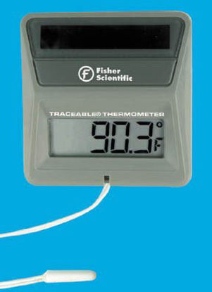 Picture of Digital Thermometer with Alarm Fisher Scientific™ Traceable® Fahrenheit / Celsius -58° to +158°F (-50° to +70°C) Short Epoxy Sensor Wall Mount Solar Power / Battery Backup1507720