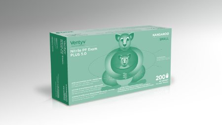 Picture of Exam Glove Ventyv™ Plus 5.0 KANGAROO Small NonSterile Nitrile Standard Cuff Length Textured Fingertips Blue Chemo Tested10334103