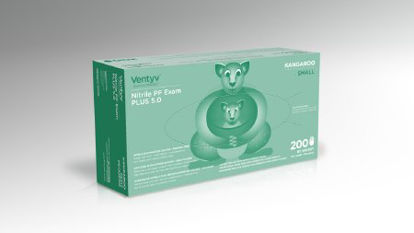 Picture of Exam Glove Ventyv™ Plus 5.0 KANGAROO Small NonSterile Nitrile Standard Cuff Length Textured Fingertips Blue Chemo Tested10334103