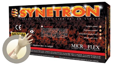 Picture of Exam Glove Synetron® Medium NonSterile Latex Extended Cuff Length Fully Textured White Not Chemo ApprovedSY-911-M