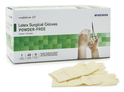 Picture of Surgical Glove McKesson Confiderm® LT Size 7.5 Sterile Pair Latex Extended Cuff Length Bisque Ivory Not Chemo Approved3158VA