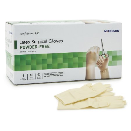 Picture of Surgical Glove McKesson Confiderm® LT Size 7 Sterile Pair Latex Extended Cuff Length Bisque Ivory Not Chemo Approved3157VA