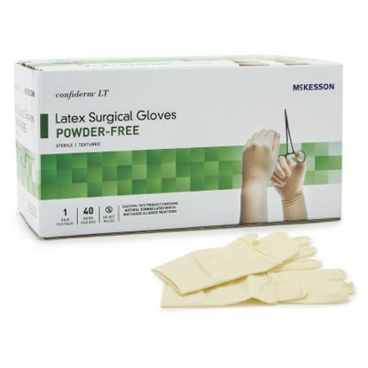 Picture of Surgical Glove McKesson Confiderm® LT Size 7 Sterile Pair Latex Extended Cuff Length Bisque Ivory Not Chemo Approved3157VA