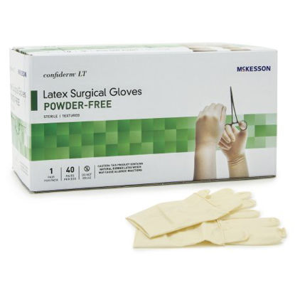 Picture of Surgical Glove McKesson Confiderm® LT Size 6.5 Sterile Pair Latex Extended Cuff Length Bisque Ivory Not Chemo Approved3156VA