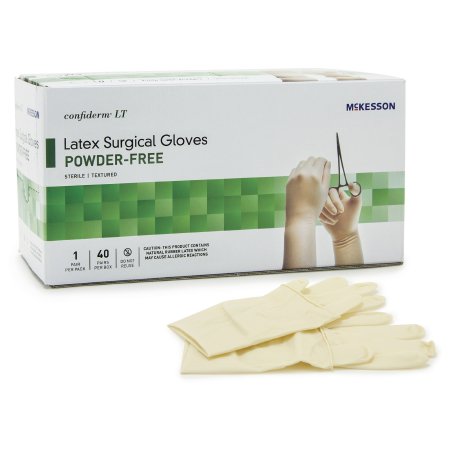 Picture of Surgical Glove McKesson Confiderm® LT Size 8 Sterile Pair Latex Extended Cuff Length Bisque Ivory Not Chemo Approved3159VA