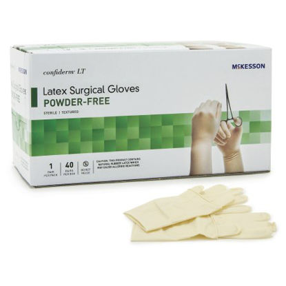 Picture of Surgical Glove McKesson Confiderm® LT Size 6 Sterile Pair Latex Extended Cuff Length Bisque Ivory Not Chemo Approved3155VA