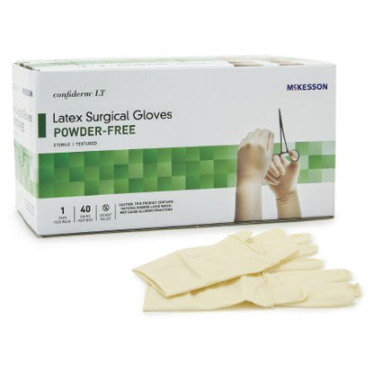Picture of Surgical Glove McKesson Confiderm® LT Size 8.5 Sterile Pair Latex Extended Cuff Length Bisque Ivory Not Chemo Approved3160VA