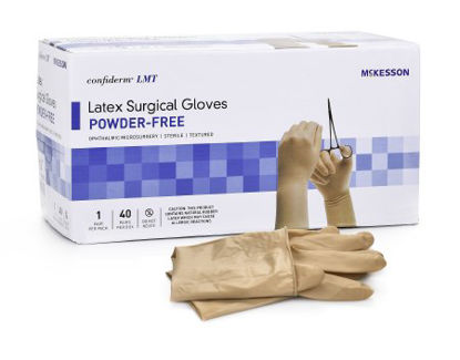 Picture of Surgical Glove McKesson Confiderm® LMT Size 6.5 Sterile Pair Latex Extended Cuff Length Textured Brown Not Chemo Approved14-32065