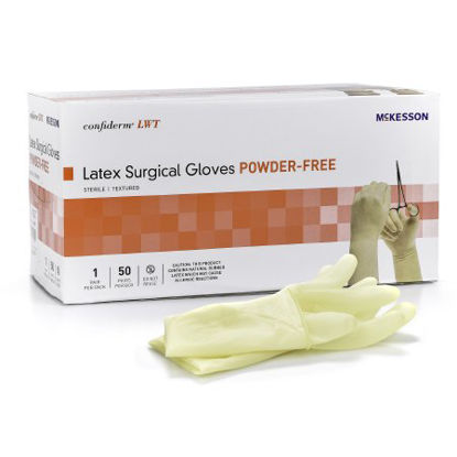 Picture of Surgical Glove McKesson Confiderm® LWT Size 8 Sterile Pair Latex Extended Cuff Length Textured Fingertips Beige Not Chemo Approved14-34080