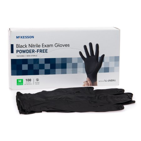Picture of Exam Glove McKesson Medium NonSterile Nitrile Standard Cuff Length Fully Textured Black Not Chemo Approved14-6NBK4