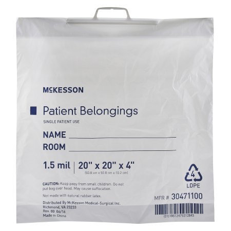 Picture of Patient Belongings Bag McKesson 4 X 20 X 20 Inch Polyethylene Snap Closure White30471100