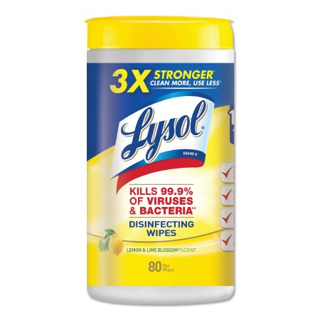 Picture of Lysol® Surface Disinfectant Cleaner Premoistened Alcohol Based Wipe 80 Count Canister Disposable Lemon Lime Blossom Scent NonSterileRAC77182CT