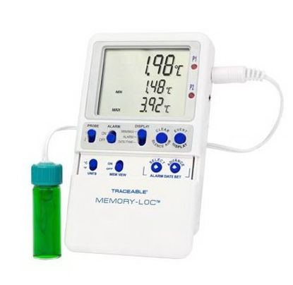 Picture of Datalogging Refrigerator / Freezer Thermometer with Alarm Traceable® Fahrenheit / Celsius -58° to +158°F (-50° to +70°C) Vaccine Bottle Probe Multiple Mounting Options Battery Operated98767-65