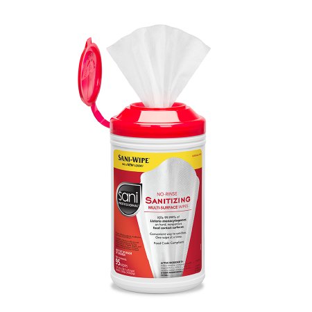 Picture of Sani Professional® No-Rinse Sanitizing Multi-Surface Surface Cleaner / Sanitizer Premoistened Alcohol Based Wipe 95 Count Canister Disposable Alcohol Scent NonSterileP56784