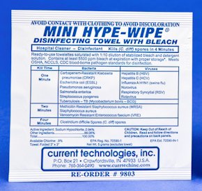 Picture of Mini HYPE-WIPE® Surface Disinfectant Premoistened Wipe 100 Count Individual Packet Disposable Bleach Scent NonSterile9803