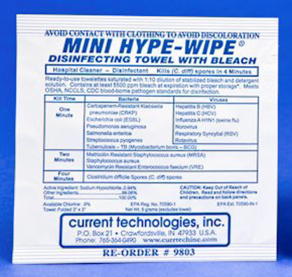Picture of Mini HYPE-WIPE® Surface Disinfectant Premoistened Wipe 100 Count Individual Packet Disposable Bleach Scent NonSterile9803