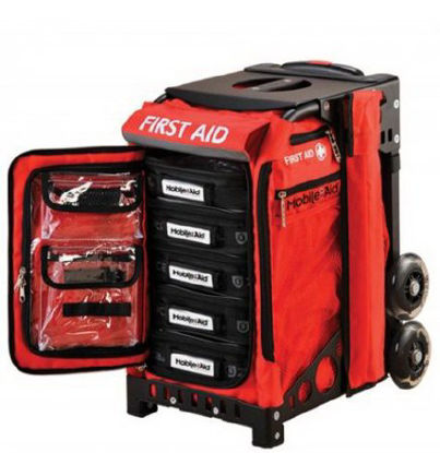 Picture of Easy-Roll Trauma First Aid Station MobileAid® 14 X 12.25 X 18.5 Inch External Dimensions (Including Wheels), 14 X 10 X 18.5 Inch External Dimensions (Excluding Wheels), 8.5 X 12 X 15.5 Inch (Internal Dimensions), 13 X 8 Inch Access Door Dimensions, 38 Inch Handle Extension31570
