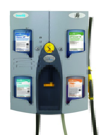 Picture of Chemical Dispenser Diversey™ J-Fill® QuattroSelect® Gray Powder Coated Steel Push Button Wall MountDVS3764735