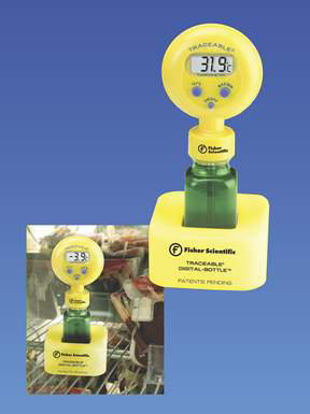 Picture of Refrigerator / Freezer Thermometer Fisher Scientific™ Traceable® Digital-Bottle™ Celsius 30° to 50°C Stainless Steel Probe Desk / Wall / Door Mount Battery OperatedS02274