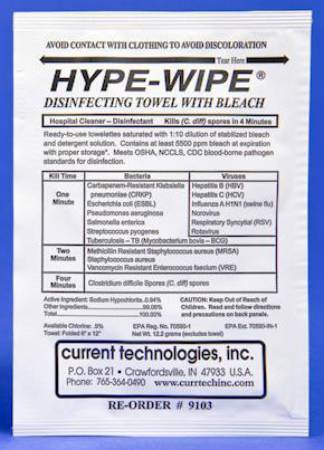 Picture of HYPE-WIPES® Surface Disinfectant Premoistened Wipe 100 Count Individual Packet Disposable Bleach Scent NonSterile1441256