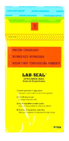 Picture of Specimen Transport Bag with Document Pouch Lab-Seal® Tamper-Evident 6 X 10 Inch LDPE Adhesive Closure Biohazard Symbol / Storage Instructions NonSterileLABA610YE