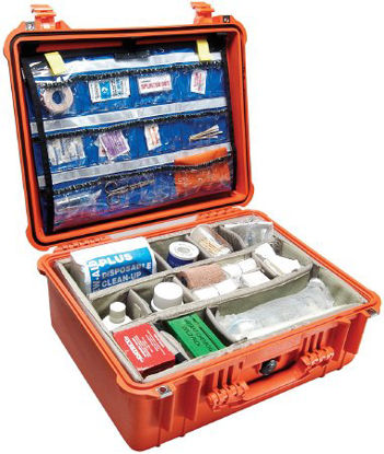 Picture of EMS Case Pelican™ Orange Polypropylene Body, Polyurethane Foam, ABS Latch, ABS Purge Body, 3 μ Hydrophobic Non-Woven PET Purge Vent, Stainless Steel Pin Exterior: 8.12 X 16.87 X 20.62 Inch, Interior: 7.62 X 14 X 18.43 Inch, 1.75 Inch Lid Depth, 5.87 Inch Bottom DepthMTR-1550EMS-ORG