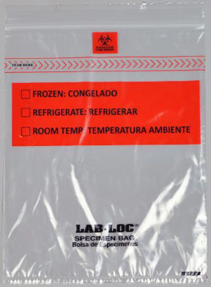 Picture of Specimen Transport Bag with Document Pouch Lab-Loc® 8 X 10 Inch LDPE Zip Closure Biohazard Symbol / Storage Instructions NonSterileLABZ810B