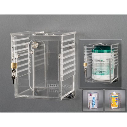 Picture of Lockable Wipe Tub Holder DECO Clear Acrylic Manual 1 Wipe Canister Wall MountDECOMINMAX59-W