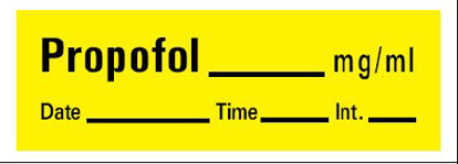 Picture of Drug Label Barkley® Anesthesia Label Tape Propofol_mg/mL Date_Time_Int_ Yellow 1/2 X 1-1/2 InchAN-27