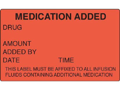 Picture of Pre-Printed Label Shamrock Anesthesia Label Fluorescent Red MEDICATION ADDED / DRUG / AMOUNT / ADDED BY / DATE TIME / THIS LABEL MUST BE AFFIXED TO ALL INFUSION / FLUIDS CONTAINING ADDITIONAL MEDICATION Black Medication Instruction 1-1/2 X 2-1/2 InchSN-2001