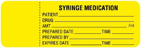 Picture of Pre-Printed Label UAL™ Anesthesia Label Yellow Paper Syringe Medicaion Patient_Drug_Amt_ Black Syringe Label 1 X 3 InchULCU223