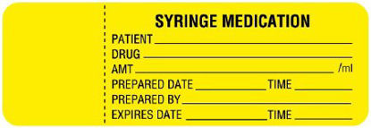 Picture of Pre-Printed Label UAL™ Anesthesia Label Yellow Paper Syringe Medicaion Patient_Drug_Amt_ Black Syringe Label 1 X 3 InchULCU223