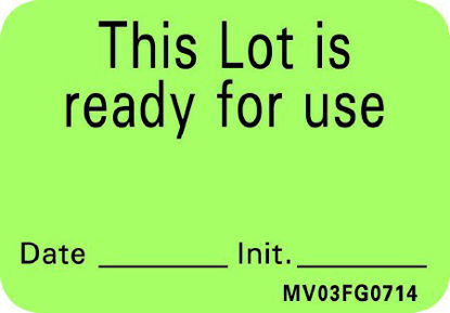 Picture of Pre-Printed Label Barkley® Instructional Label Green This Lot is ready for use, Date-Init Black Quality Control Label 1 X 1-7/16 InchMV03FG0714
