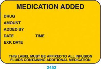 Picture of Pre-Printed Label Indeed Anesthesia Label Yellow Paper Medication Added Drug_Amount_Added by_Date_ Black Medication Instruction 1-3/4 X 2-3/4 Inch2452