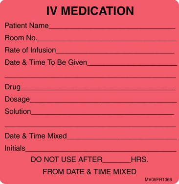 Picture of Pre-Printed Label MedVision® Instructional Label Fluorescent Red Paper IV Medication Added Black Medication Instruction 2-7/16 X 2-1/2 InchMV05FR1366