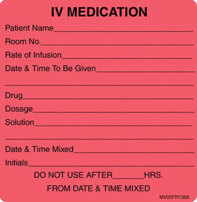 Picture of Pre-Printed Label MedVision® Instructional Label Fluorescent Red Paper IV Medication Added Black Medication Instruction 2-7/16 X 2-1/2 InchMV05FR1366