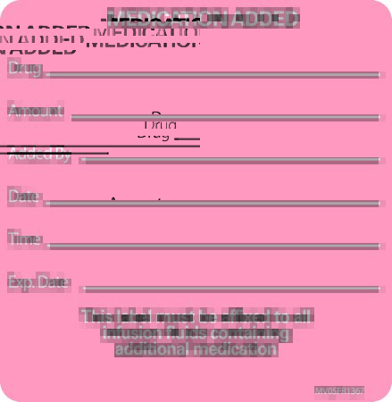 Picture of Pre-Printed Label MedVision® Communication Fill In Fluorescent Red Paper MEDICATION ADDED NAME____ ROOM NO.__ DATE__ Amount_Added by_Date_Time_Exp Date_ Black Medication Name 2-1/2 X 2-7/16 InchMV05FR1367