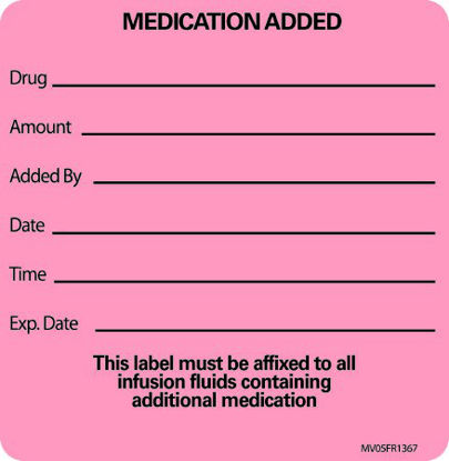 Picture of Pre-Printed Label MedVision® Communication Fill In Fluorescent Red Paper MEDICATION ADDED NAME____ ROOM NO.__ DATE__ Amount_Added by_Date_Time_Exp Date_ Black Medication Name 2-1/2 X 2-7/16 InchMV05FR1367