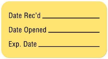 Picture of Pre-Printed / Write On Label Communication Fill In Yellow Paper Date Rec'D __________ / Date Opened __________ / Exp. Date __________ Quality Control Label 7/8 X 1-5/8 InchULLR138