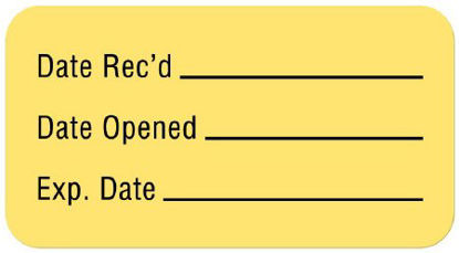 Picture of Pre-Printed / Write On Label Communication Fill In Yellow Paper Date Rec'D __________ / Date Opened __________ / Exp. Date __________ Quality Control Label 7/8 X 1-5/8 InchULLR138