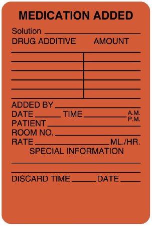 Picture of Pre-Printed Label UAL™ Anesthesia Label Fluorescent Red Paper Medication Added Patient_rm#_Drug_Amount_ Black Medication Instruction 2 X 3 InchULIV301