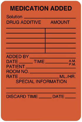 Picture of Pre-Printed Label UAL™ Anesthesia Label Fluorescent Red Paper Medication Added Patient_rm#_Drug_Amount_ Black Medication Instruction 2 X 3 InchULIV301