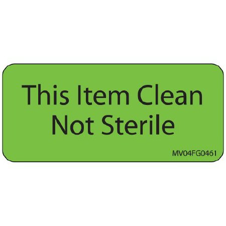 Picture of Pre-Printed Label MedVision® Advisory Label Green Paper This Item Clean Not Sterile Black Alert Label 1 X 2-1/4 InchMV04FG0461