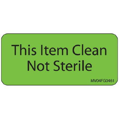 Picture of Pre-Printed Label MedVision® Advisory Label Green Paper This Item Clean Not Sterile Black Alert Label 1 X 2-1/4 InchMV04FG0461